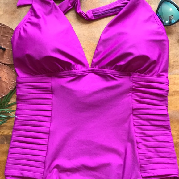 Calvin Klein Pleated Slimming Halter One Piece - Picture 4 of 5